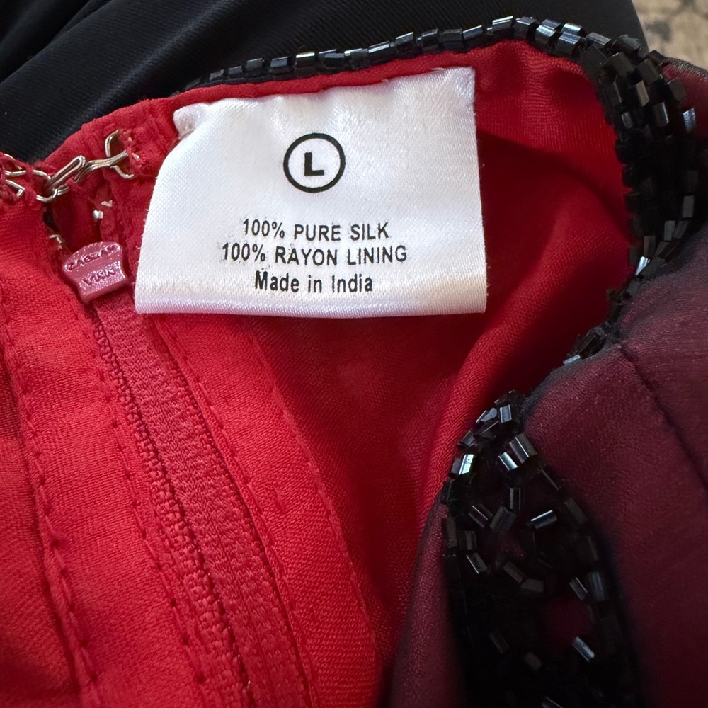 100% Silk Red Sheer Blouse Black Beaded Floral Top Scalloped Hem Elegant Large - Picture 5 of 6